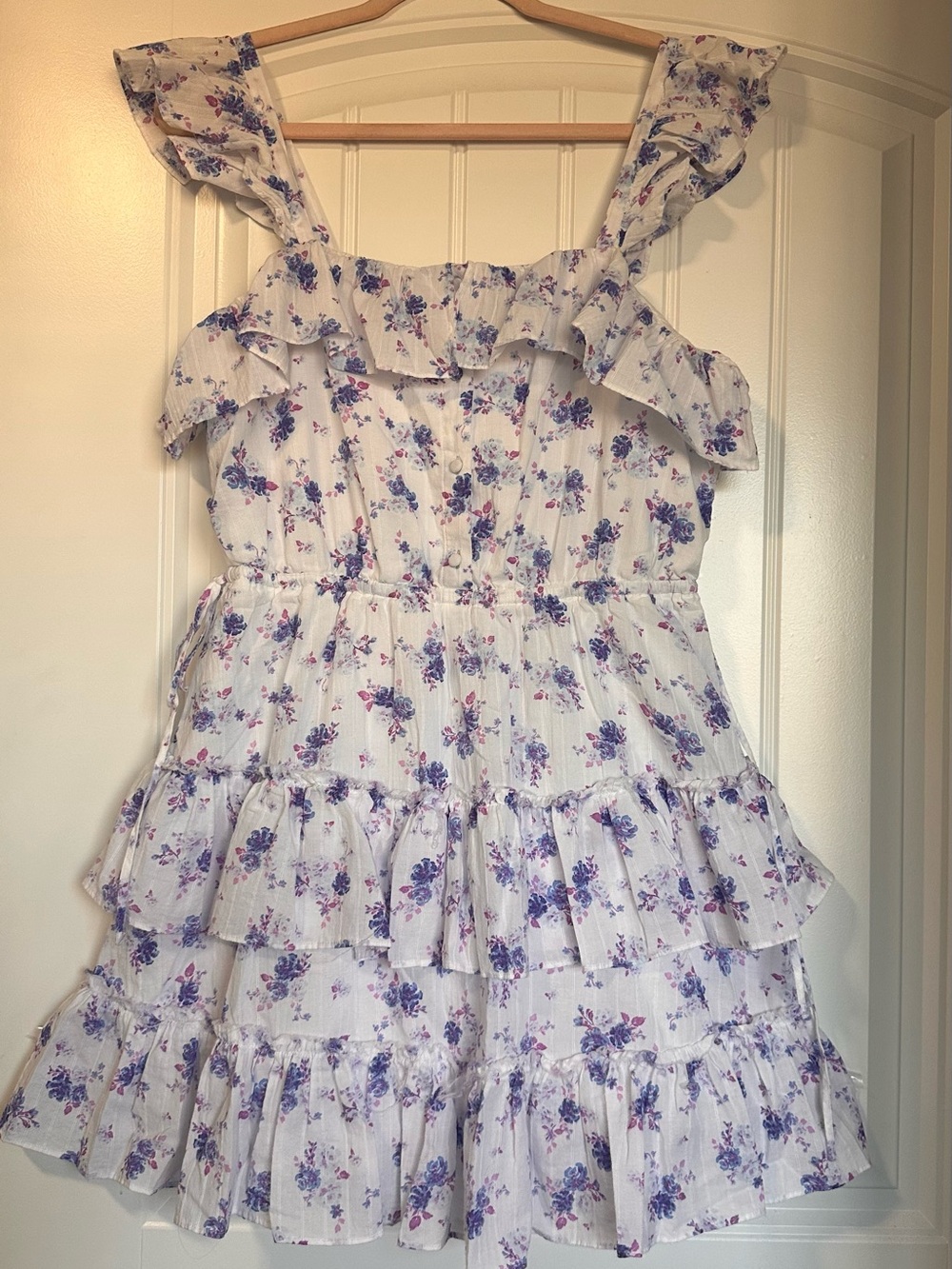 LoveShackFancy White Dress with Purple & Pink Floral Print